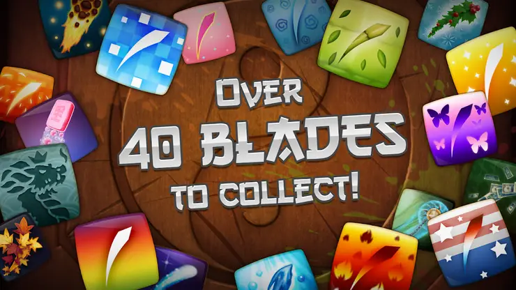 Negyvennél több pengeminta egymás mellett, középen angol felirat – Over 40 blades to collect