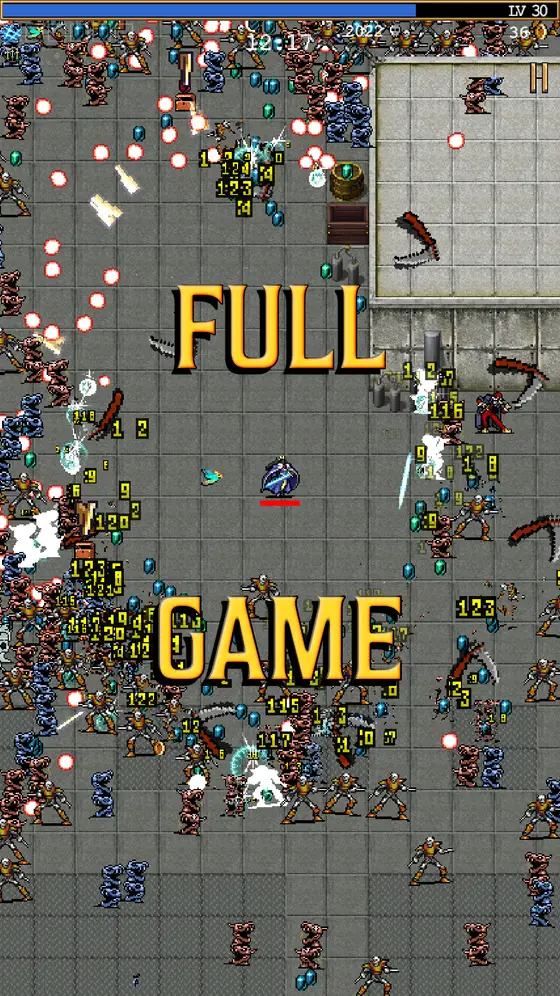 Pixeles aréna több száz ellenféllel, sebzésszámok mindenhol, középen angol felirat – Full game