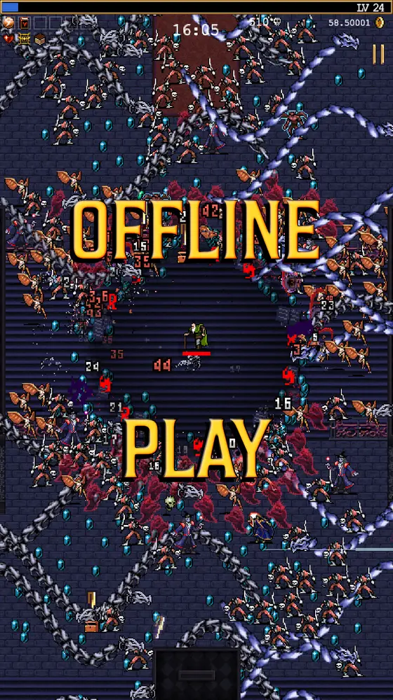 Sötét pálya ellenfélrajokkal, fent 16:05-nél járó óra és a 24-es szint, középen angol felirat – Offline play